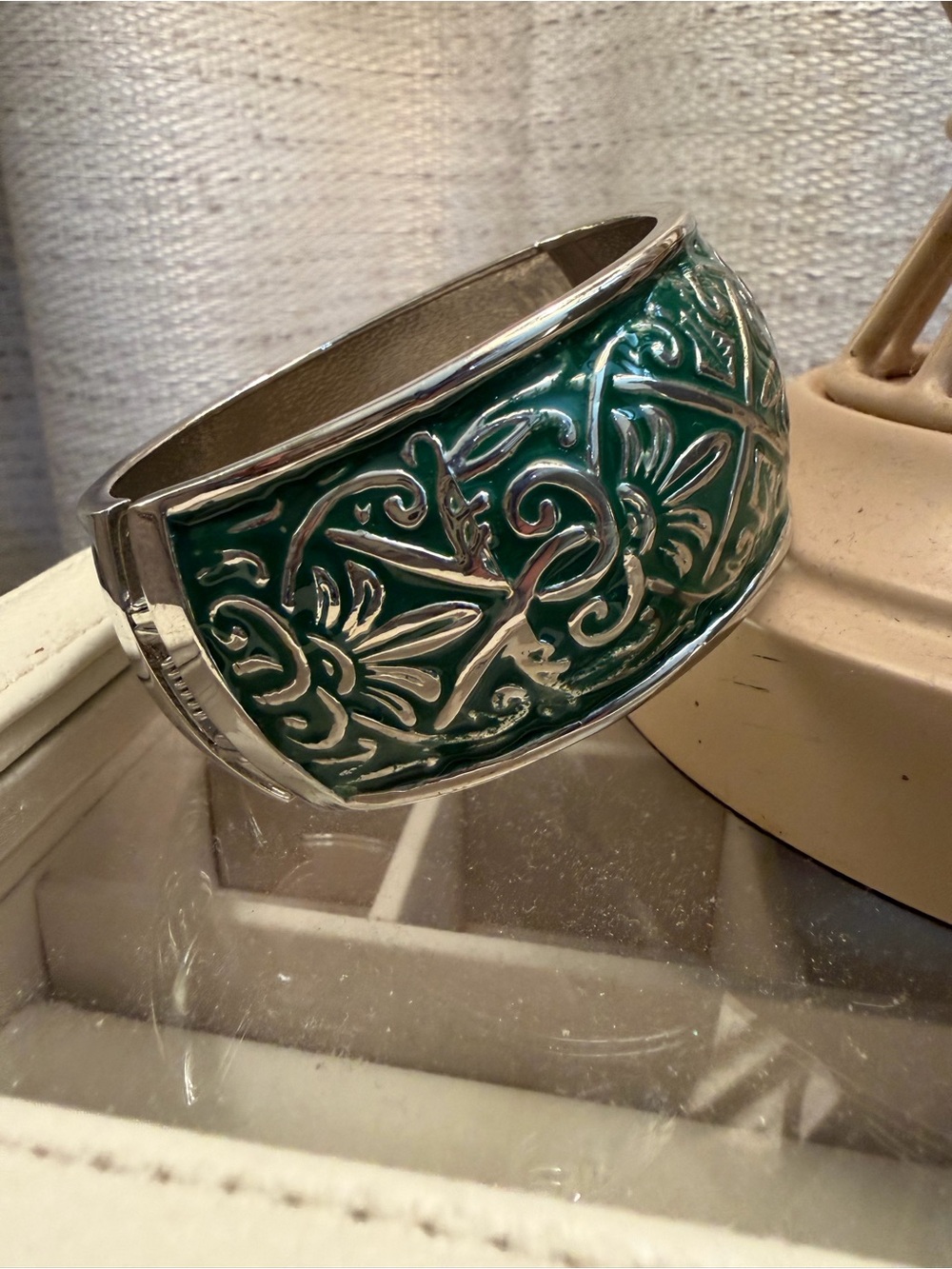 Green Embossed Enamel Floral Cuff Bracelet